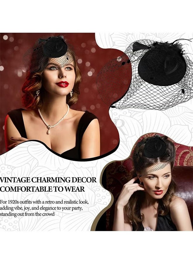 HY 20s 50s Hat, Mesh Ribbons Feathers on a Headband and a Clip Tea Party Headwear, Tea Party Headwear with Veil for Girls and Women (Black) - Image 2